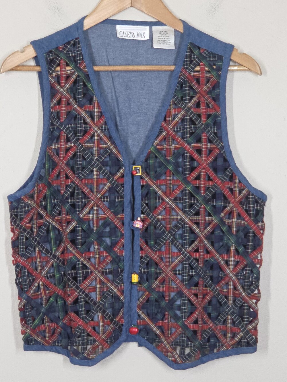 Vtg 90s Lattice Plaid Tartan Denim Teacher Vest Schoolhouse Apple Novelty M